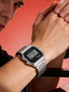 Casio 卡西欧男士方形表盘数字手表，不锈钢表带，石英机芯，多功能防水腕表，男士礼品 A159W-N1 - 黑色 - 查看 2