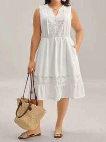 Vestido Casual Solto Sem Mangas Tecido Elegante de Verão Branco com Bainha Franzida Jacquard Splice Plus Size para Mulheres - Branco - Visão 1