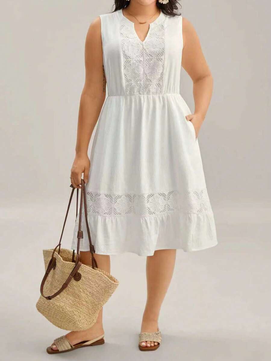 Vestido Casual Solto Sem Mangas Tecido Elegante de Verão Branco com Bainha Franzida Jacquard Splice Plus Size para Mulheres - Branco - Visão 1