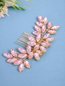 1pc Elegant Crystal Women's Hair Comb, Rhinestone Bridal Hair Accessory, Romantic Wedding Headpiece, Princess Party Decoration - Pink - View 7