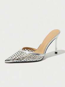 European And American Style Mesh Openwork High Heels For Women, High-End Breathable Metal Pointed Toe, Back Strap, Woven Stiletto Heel, Closed Toe Sandals - Silver - View 1