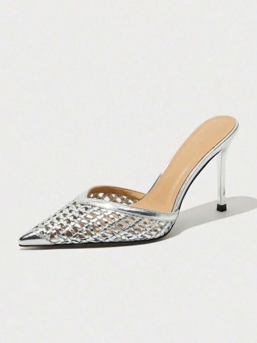 European And American Style Mesh Openwork High Heels For Women, High-End Breathable Metal Pointed Toe, Back Strap, Woven Stiletto Heel, Closed Toe Sandals - Silver - View 1