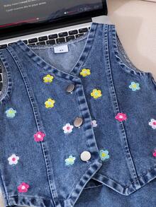 2pcs/Set Toddler Girls' Sweet Street Style Embroidered Floral Sleeveless Tank Top And Denim Skirt With Pockets Set, Summer - Blue - View 4