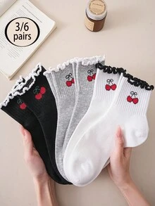 3/6 đôi tất nữ mới, màu đen trắng xám, viền bèo, màu anh đào, tất cổ ngắn đơn giản cho hoạt động ngoài trời, thể thao, dành cho học sinh, mùa tựu trường. - Nhiều màu - Xem 2