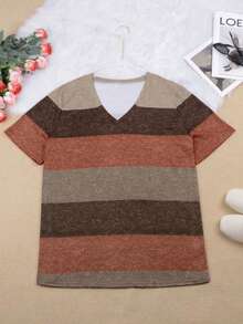 Plus Size Women Striped V-Neck Casual T-Shirt Summer - Brown - View 2