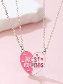 2pcs/Set Girls' Sweet Fashion Heart-Shaped "Best Friends Forever" Necklace Set, Suitable For Sisters' Daily Wear, Friendship Collarbone Chain, Perfect Gift For Friends