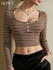 DONICY Elegante blusa de manga larga con cuello cuadrado y botones, a rayas, de ajuste ceñido, para mujer, ideal para uso casual, de negocios, vacaciones, citas, San Valentín, carnaval - Multicolor - Ver 3