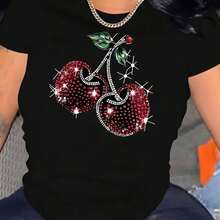 Women'S Sparkling Cherry Print Short-Sleeve T-Shirt Polyester Spandex Blend, Casual Crew Neck Tee with Medium Stretch, Seasonless Geometric Pattern Fashion Top - Negro - Ver 2