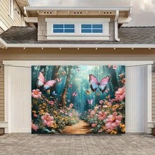 2D平面梦幻蝴蝶花园背景布，单片装 - 粉色和黄色花朵，趣味春季摄影布，适用于生日、母亲节、复活节等场合，无需电源，带有蝴蝶装饰 - 1PCS - 查看 6