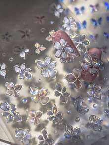 1片果冻梦幻花朵渐变蓝粉盛开空灵5D美甲贴纸自粘按压式美甲贴，适合女性，梦幻美甲装饰，美甲用品 - 彩色 - 查看 3