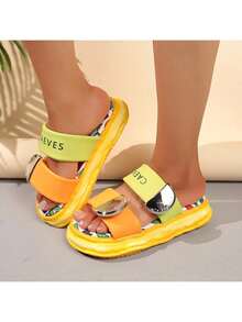 Sandal nữ đế dày, kiểu dáng tối giản, họa tiết graffiti Dopamine, có khóa dán. - Vàng - Xem 8