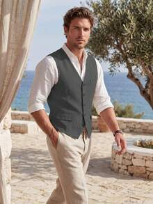 Mens Vests Breathable Cotton Linen Vest V Neck Summer Beach Wedding Party Groomsmen Casual Waistcoat Outfits Tuxedos - 灰色 - 查看 6