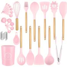 Juego de 34 utensilios de cocina de silicona resistentes al calor con mangos ergonómicos de madera, fáciles de limpiar y antiadherentes. - Rosa - Ver 3