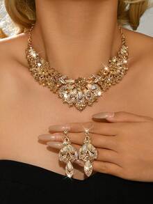 3件套女士时尚首饰 - 耳环+项链，波西米亚风蓝色水钻闪亮高端时尚首饰套装，派对/礼物