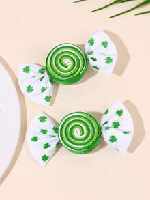 2个圣帕特里克节女孩发夹，绿色三叶草蝴蝶结鳄鱼夹，糖果造型罗缎丝带蝴蝶结发夹，节日三叶草发卡，幸运四叶草发夹，青少年发饰