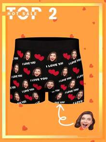 1pc Customized Face Print Men's Briefs, Personalized Gift For Boyfriend/Husband, Printed With "I Love You" And A Red Heart - Multicolor - View 1