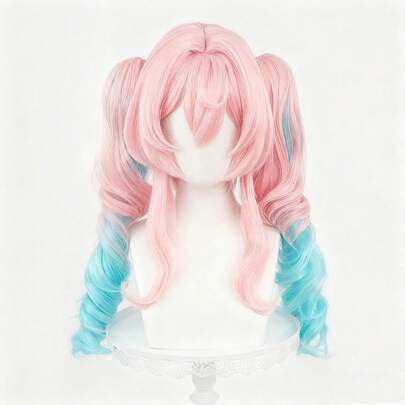 18.9 Inch Pink & Blue Long Curly Wig With Bangs, Women's Lolita Double Ponytail Anime Cosplay Party Halloween Wig
