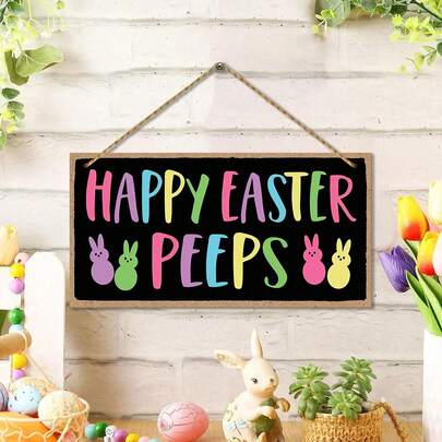 1piece Easter Wooden Decoration, Happy Easter Decorative Plaque, Colorful Easter Bunny Front Door Decoration, Suitable For Easter, Holiday Parties, Spring Home Front Door Decoration, Festive Ornament.