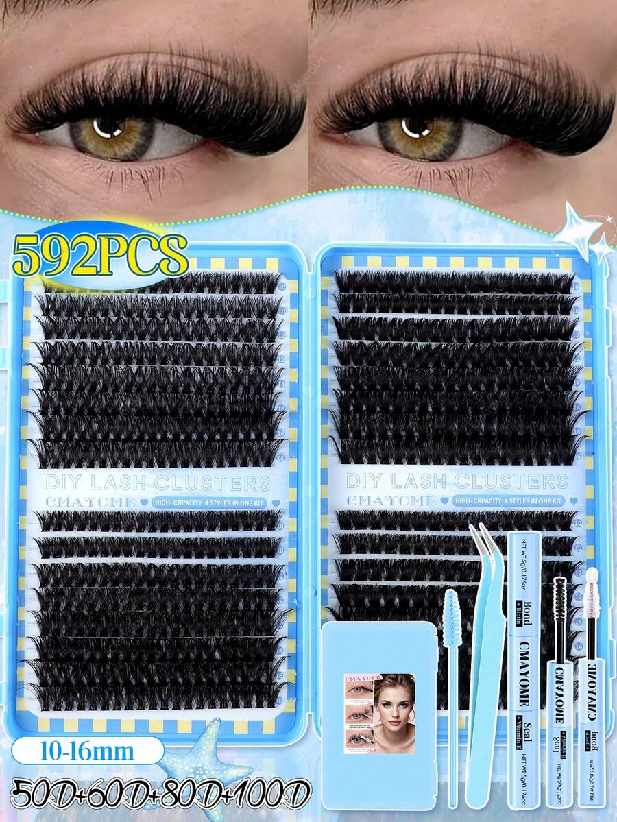 This Mixed Set Of False Eyelashes Includes 640/576/592/200 Pieces Of Dense False Eyelashes, Eyelash Clusters With Hooks, Dense Pointed Eyelash Clusters, Thin Eyelash Clusters, 12-20mm D-Shaped Individual False Eyelashes, And 3D Volumizing Eyelash Clusters. It Is Suitable For DIY Eyelash Styling And Comes With Glue, Sealing Stickers, Tweezers, And An Eyelash Brush. Portable And Versatile, It Is A Must-Have Eyelash Essential For Various Makeup Looks. - 藍色 - 查看 1