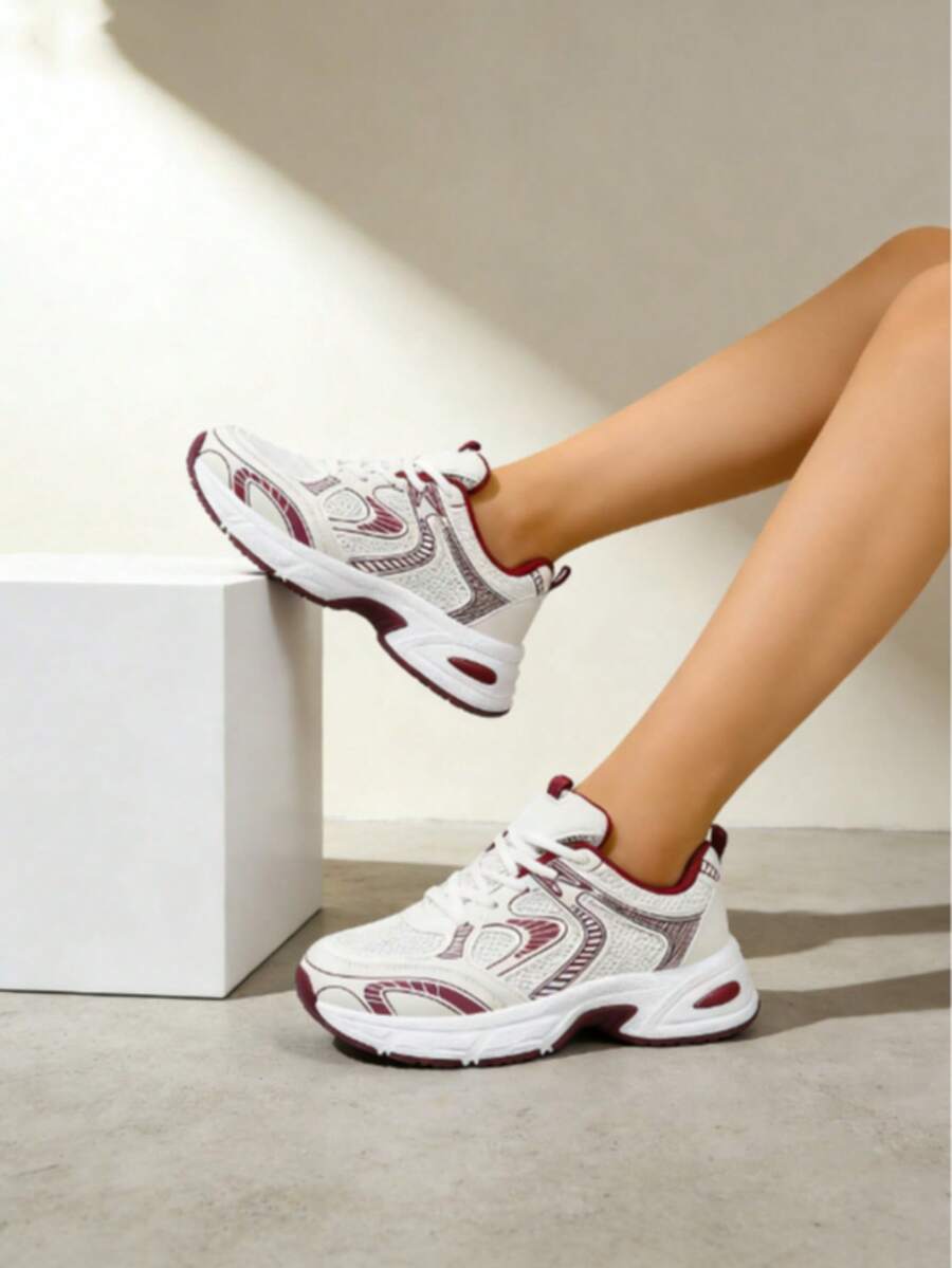 Women's Vintage - Style Dad Shoes, Mesh - Breathable With Thick Soles, Lightweight And Shock - Absorbing, White Sports Shoes For Daily Outings And Jogging - 紅色 - 查看 1