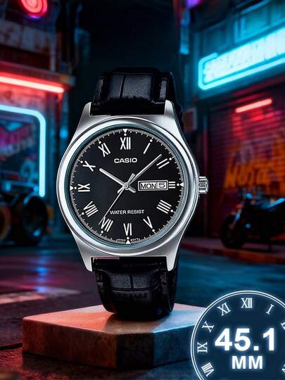 Reloj de cuarzo para hombres, correa de cuero genuino, esfera con números romanos blancos, pantalla de fecha, reloj analógico de tres manecillas, adecuado para uso diario y ocasiones casuales MTP-V006L-1B