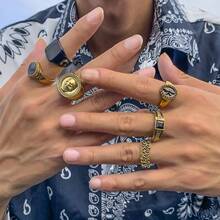 6Pcs Vintage Punk Gold Rings Set Men Women, Skull Cool Style Hip Hop Statement Stacking Rings, Gothic Biker Rock Rapper Jewelry Revenge Skull  Dainty Rings - 金色 - 查看 3