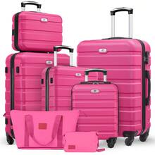 Large Capacity ABS Hardside Luggage Set, 16/20/24/28 Inch Spinner Suitcases + 2 Travel Bags + 1 Cosmetic Case, 7-Piece Set For Holiday Travel, Business Commutes, Valentine's Day Getaways, Spring Travel Traveling Bags Suitcase Clothes Storage Cruise Essentials Vacation Essentials - Hot Pink - View 2