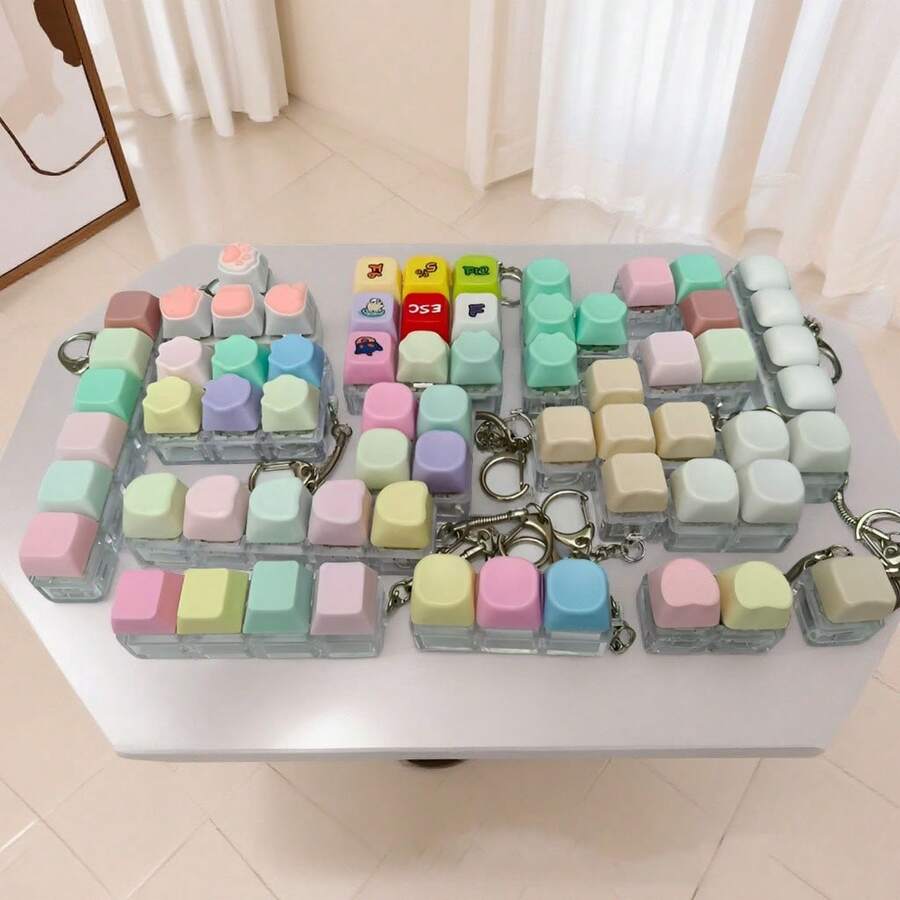 单手四键机械键盘减压测试器，马卡龙造型手指捏合钥匙扣，减压玩具，包包挂件，礼品 - 彩色 - 查看 1