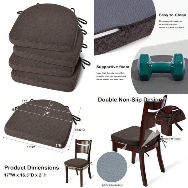 Chair Cushions For Dining Chairs Set Of 4 Indoor Seat Cushions For Kitchen Chairs With Ties U Shaped Non Slip Seat Pads 17 X 16.5 Inches Dark Brown 4P