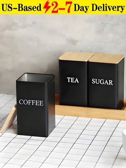 3-Piece Coffee Bean Storage Can Set With Bamboo Lids, Minimalist Metal Airtight Tea, Coffee, And Sugar Storage Containers, Tea Canisters, Sealed Containers, Kitchen Storage Solutions. -Inspired Minimalist Bamboo-Lid Wrought Iron Tea Canister