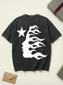 Hell Star Men's Black And Grey T-Shirt Hell Star Graphic Tee Cotton Shirt Unisex Couple Matching Boyfriend Style Double Sided Print Back Flame Face Graphic Distressed Happy Face Acid Washed Grunge Y2K Retro 90s Streetwear Summer Outfits Graphic Tees Men Oversized T Shirt Summer Clothes Men Fall Clothes Men Winter Clothes - 黑色 - 查看 5