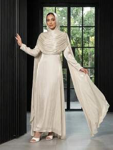 Solessence 1pc (Excluding Headscarf) Elegant Pleated Abaya Robe, Luxurious & Fashionable, Suitable For Parties, Ceremonies, Gatherings, Graceful Outfit - Apricot - View 3
