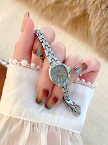 1件装时尚创意百搭小巧个性化女士椭圆形石英表，椭圆形简约表盘，贝壳表盘/水钻姐妹情侣表，适合日常佩戴和节日礼物 - 銀色 - 查看 2