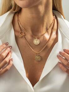 Set de 2 collares con colgante de disco circular y broche de herradura estilo bohemio, elegante accesorio vintage para uso diario y fiestas, collar de metal versátil como regalo para mujeres - collar - Ver 1