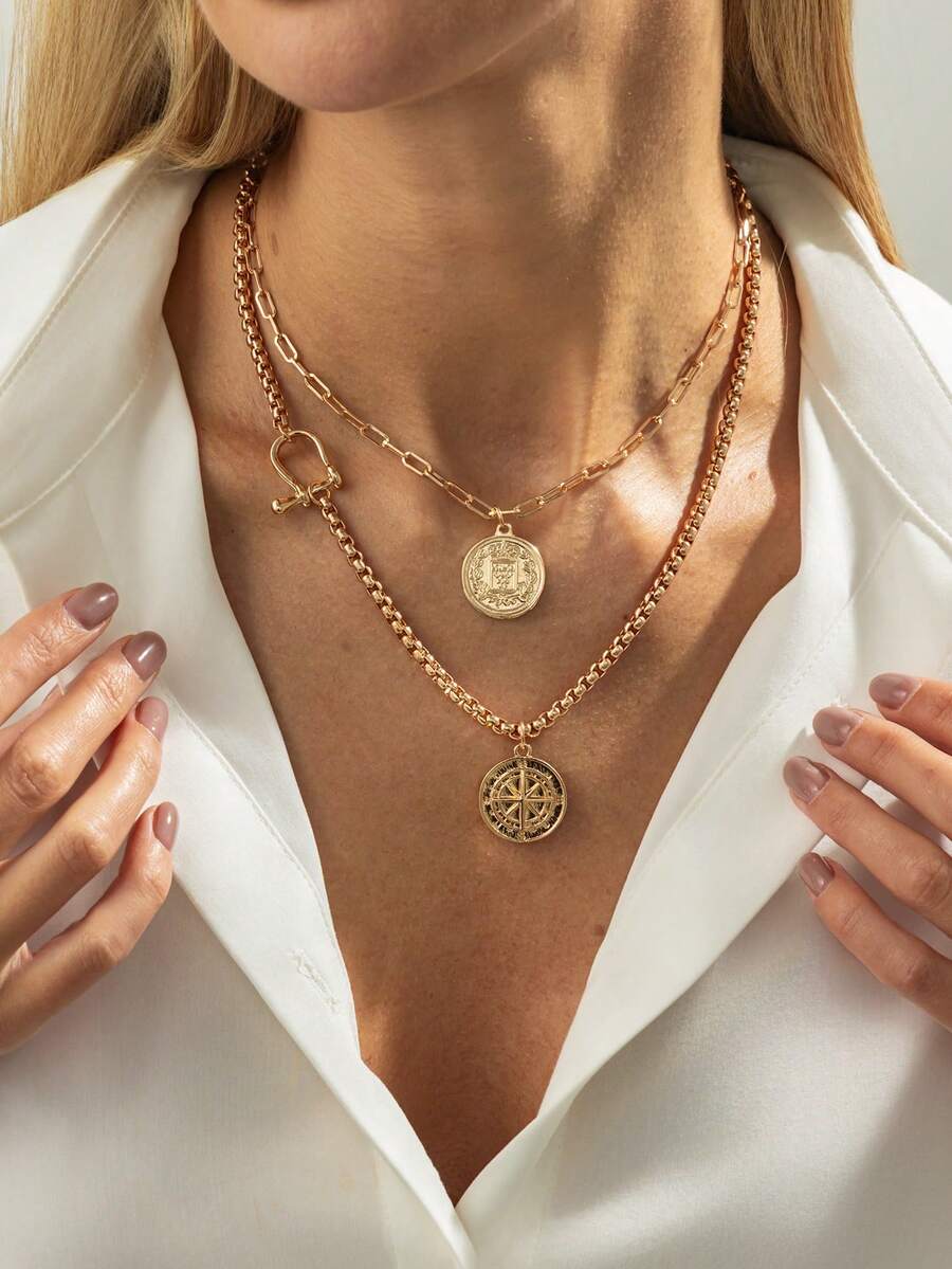 Set de 2 collares con colgante de disco circular y broche de herradura estilo bohemio, elegante accesorio vintage para uso diario y fiestas, collar de metal versátil como regalo para mujeres - collar - Ver 1