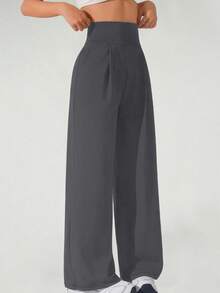 Women's Solid Color High Waisted Pleated Pocket Wide Leg Sports Pants, Comfortable Sports Wide Leg High Waisted Casual Pants, Often Casual In Spring, Autumn, And Winter - Xám - Xem 1