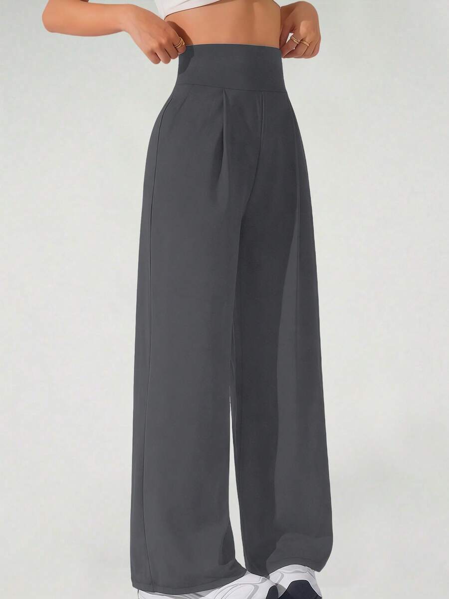 Women's Solid Color High Waisted Pleated Pocket Wide Leg Sports Pants, Comfortable Sports Wide Leg High Waisted Casual Pants, Often Casual In Spring, Autumn, And Winter - Xám - Xem 1