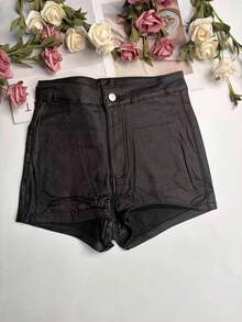 شورتات نسائية كاجوال خفيفة الوزن بلون أحادي مطلي، طراز شارع جذاب للعطلات - الأسود - مشاهدة 7