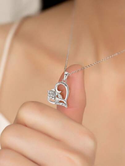 BALMORA 1条S925纯银时尚浪漫心形玫瑰吊坠项链，女士情人节生日结婚纪念日珠宝礼物