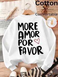 MORE LOVE PLEASE Warm And Comfortable Fleece Lined Sweatshirt With Heart & Letter Design, Soft And Skin-Friendly, Ideal For Casual Outings Or Lounging At Home. This Oversized White Crew Neck Sweatshirt For Women Is Suitable For Spring, Autumn And Winter, With Cartoon Print For A Casual Chic Look. - White - View 4