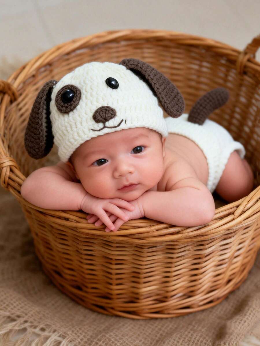 2pcs Baby Cartoon Puppy Dog Design Sets Newborn Photography Props Hand-Knitted Hat & Shorts Set With Tail For Studio Photos Accessories - Multicolor - View 1