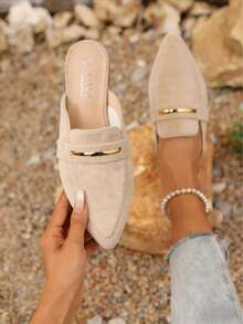 Women's Pointed Toe Flats - Gold Buckle Slip On Mules, Fashionable,Elegant Lightweight Loafers For Spring And Summer 2026, Minimalist Chic Office Shoes,Suitable As Gifts - 米色 - 查看 3
