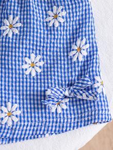 女婴可爱雏菊印花蓝色格子蝴蝶结荷叶边无袖上衣和宽松蝴蝶结短裤两件套，度假风 - 藍色 - 查看 4