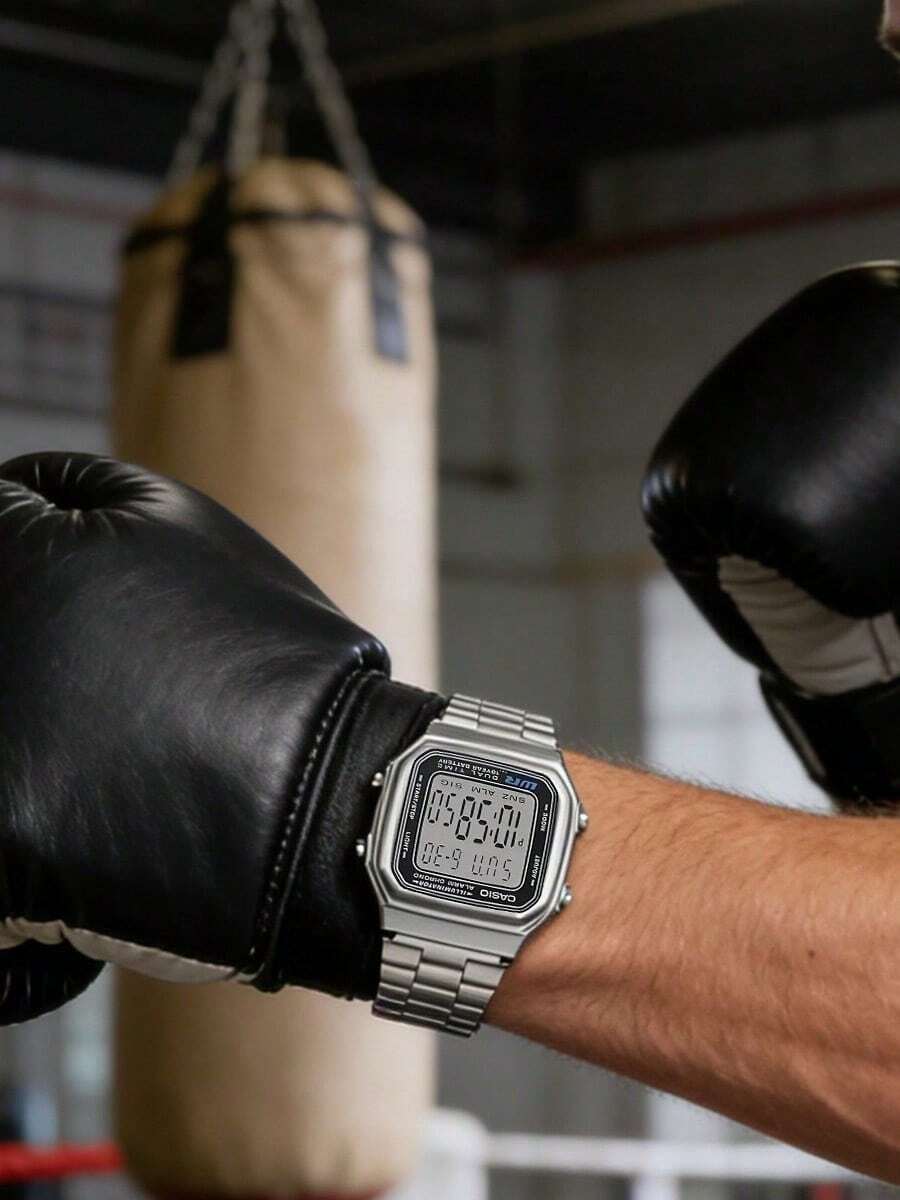 Casio Unisex Fashion Electronic Watch, Retro Stainless Steel Strap, Square Dial, With Calendar, Alarm And Stopwatch Functions, Waterproof Design, Suitable For Daily Wear - Black and Silver - View 1