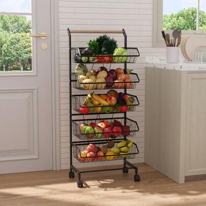 Kitchen Fruit And Vegetable Storage Rack With Wheels, Corner Shelf, Utensil Rack Spice Rack, Movable Organizer With Handle, Open Design, Black, 5 Tiers