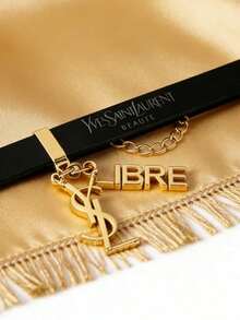 Yves Saint Laurent 1pc Women's Fashion Double-Layer Black Leather Bracelet With Letter Pendant Decor, Romantic Jewelry For Valentine's Day - Black - View 3