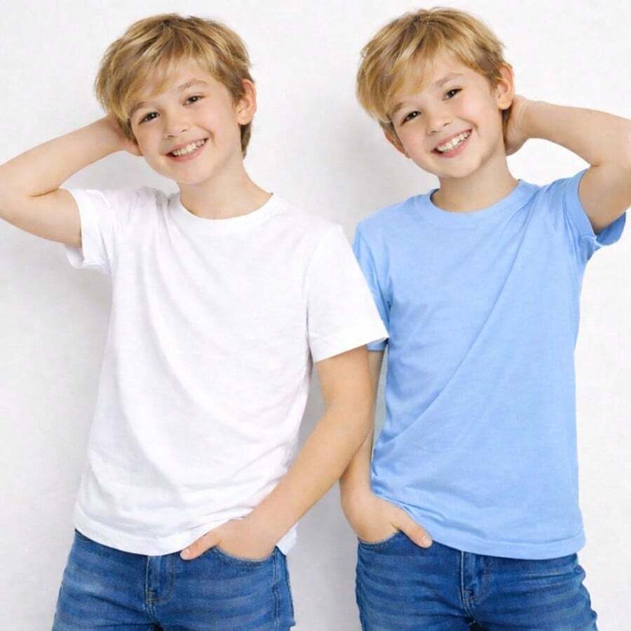 Set Of 2 Basic Children's T-Shirts, 100% Cotton, Boys' Sizes 0 To 16. Lightweight And Cool For Everyday Wear, School, Outings, And Parties. - 白色/淺藍色 - 查看 1