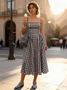 VIBEWAVE 黑白格子吊带中长连衣裙，收腰A字连衣裙，2026夏季款 - 黑與白 - 查看 2