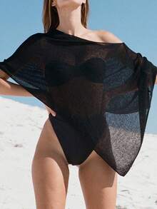 Womens Sheer Knit Poncho Top Lightweight See Through Shrug Crochet Mesh Cover Up Y2k Off The Shoulder Asymmetrical Beach Shawl Cape Top - 黑色 - 查看 1
