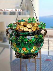 2D Flat Acrylic Four-Leaf Clover Golden Dreamcatcher Planter - 10cm X 10cm Window Hanging, St. Patrick's Day Theme Decoration, Perfect For Living Room, Patio, Garden, And Office, Ideal Gift For Mom And Family, Perfect Garden And Patio Decoration - Multicolor - View 6